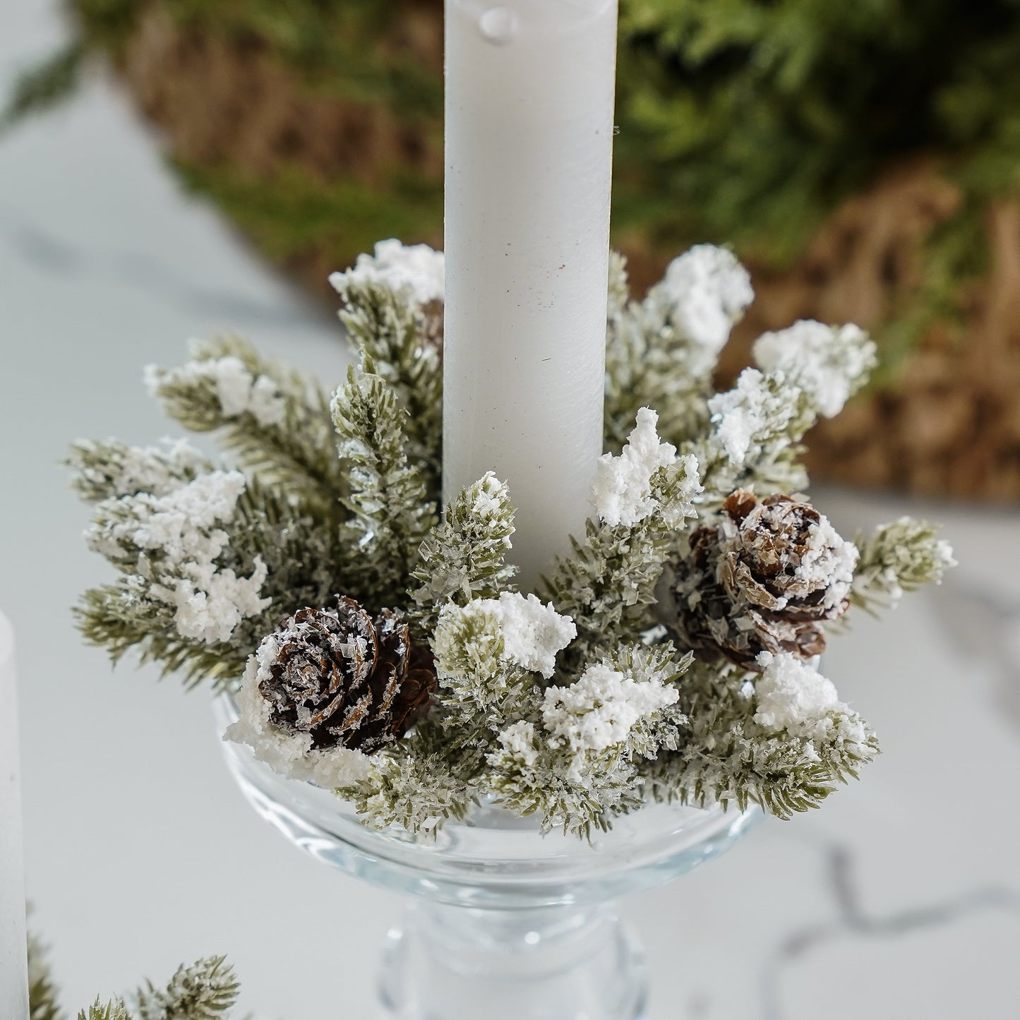 Snowy Mini Pinecone Candle Ring | Taper Candle Accessory
