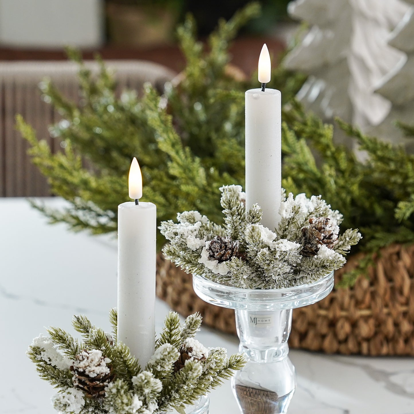 Snowy Mini Pinecone Candle Ring | Taper Candle Accessory
