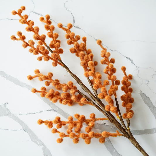 Orange Flocked Berry Stem | Faux Fall Branch