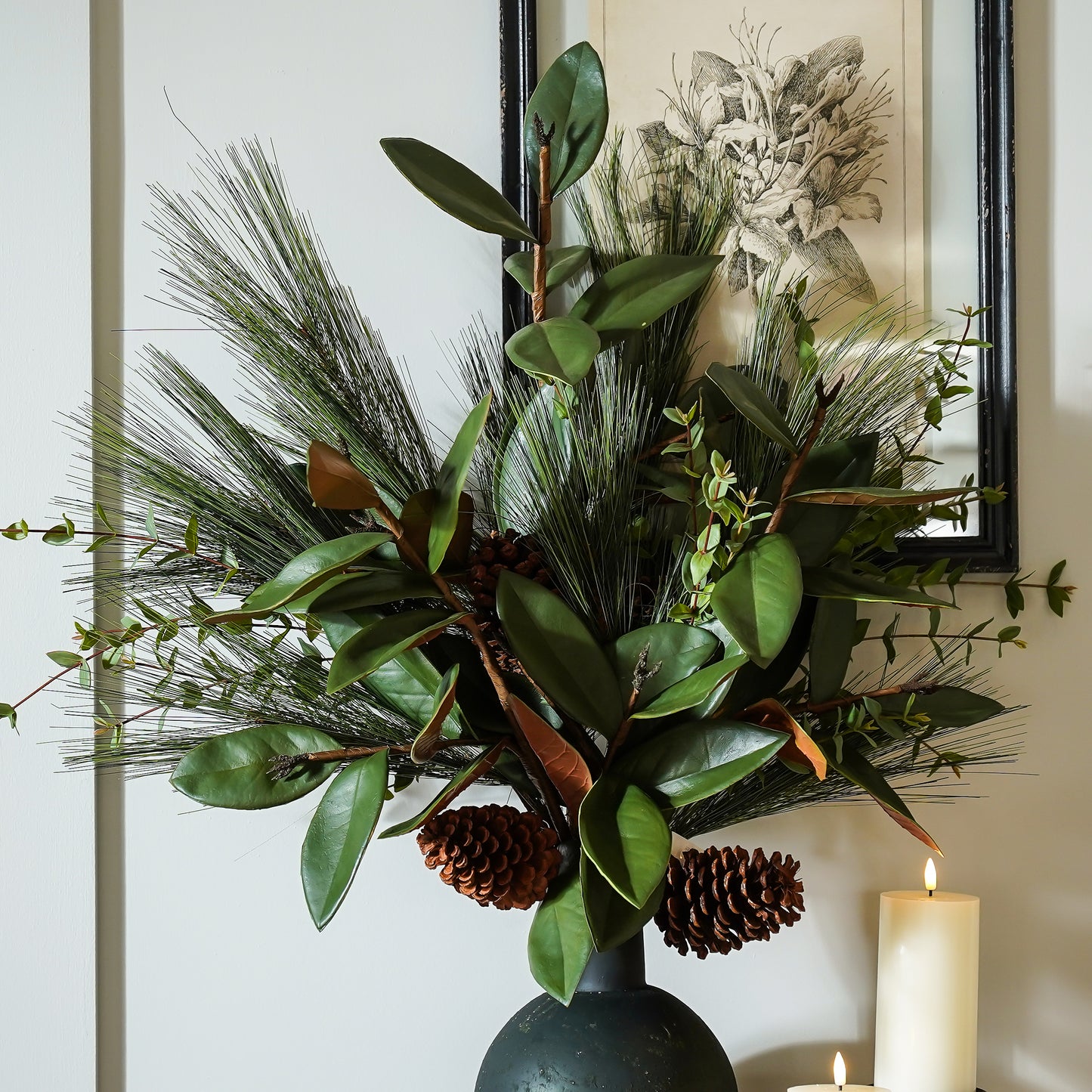 Faux Winter Greenery with Pinecones