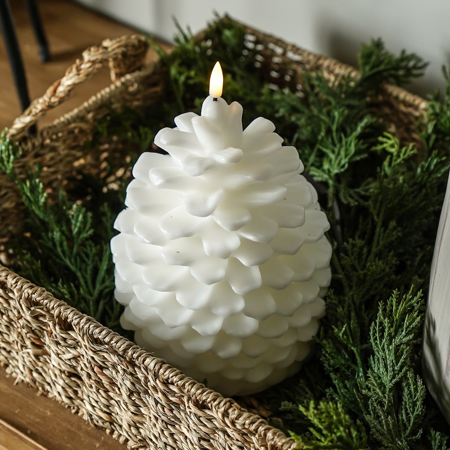 Flameless White Pinecone Candle | LED Built-in Timer