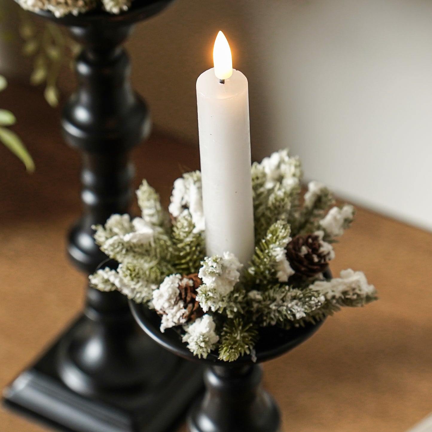 Snowy Mini Pinecone Candle Ring | Taper Candle Accessory