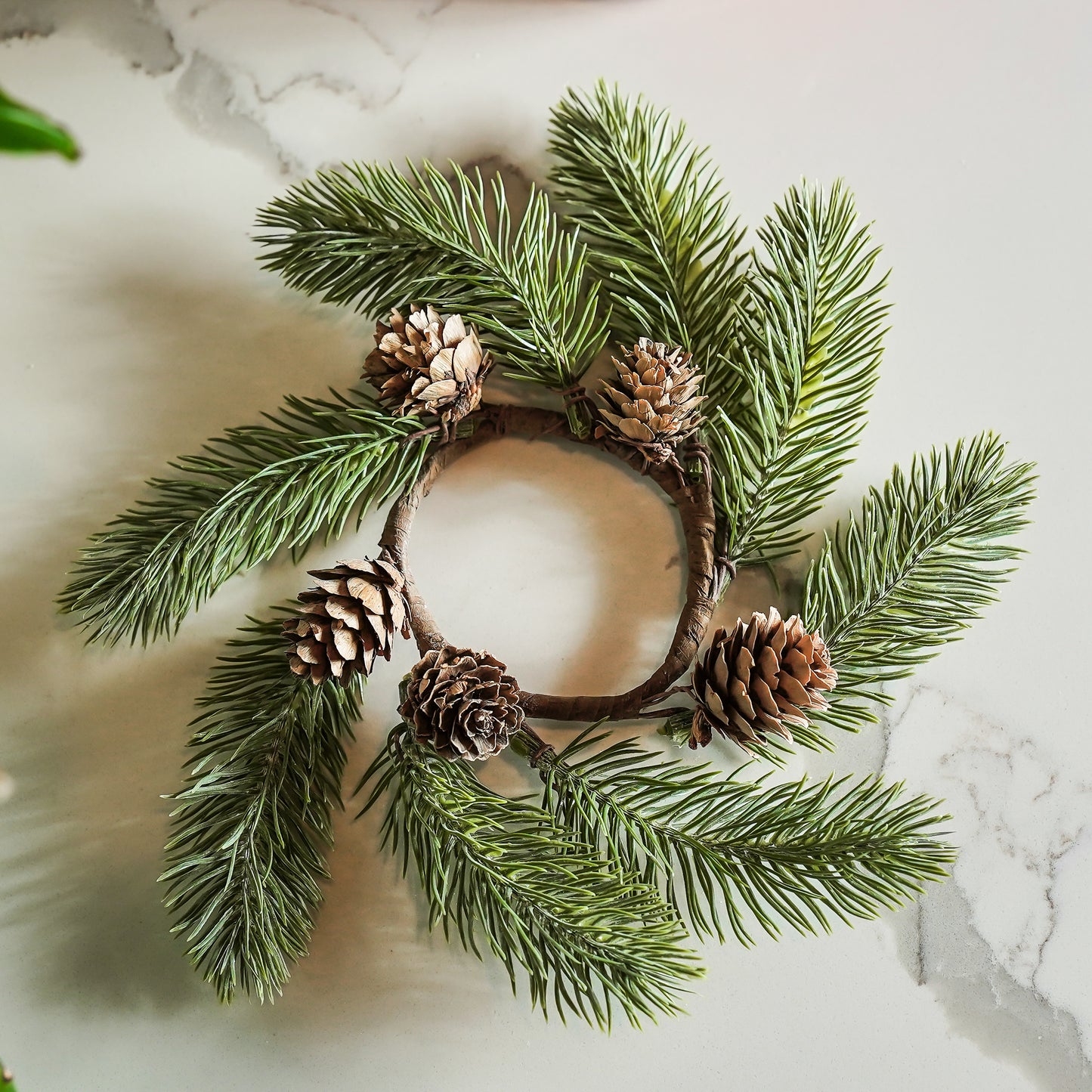Muted Green Candle Ring with Mini Pinecones