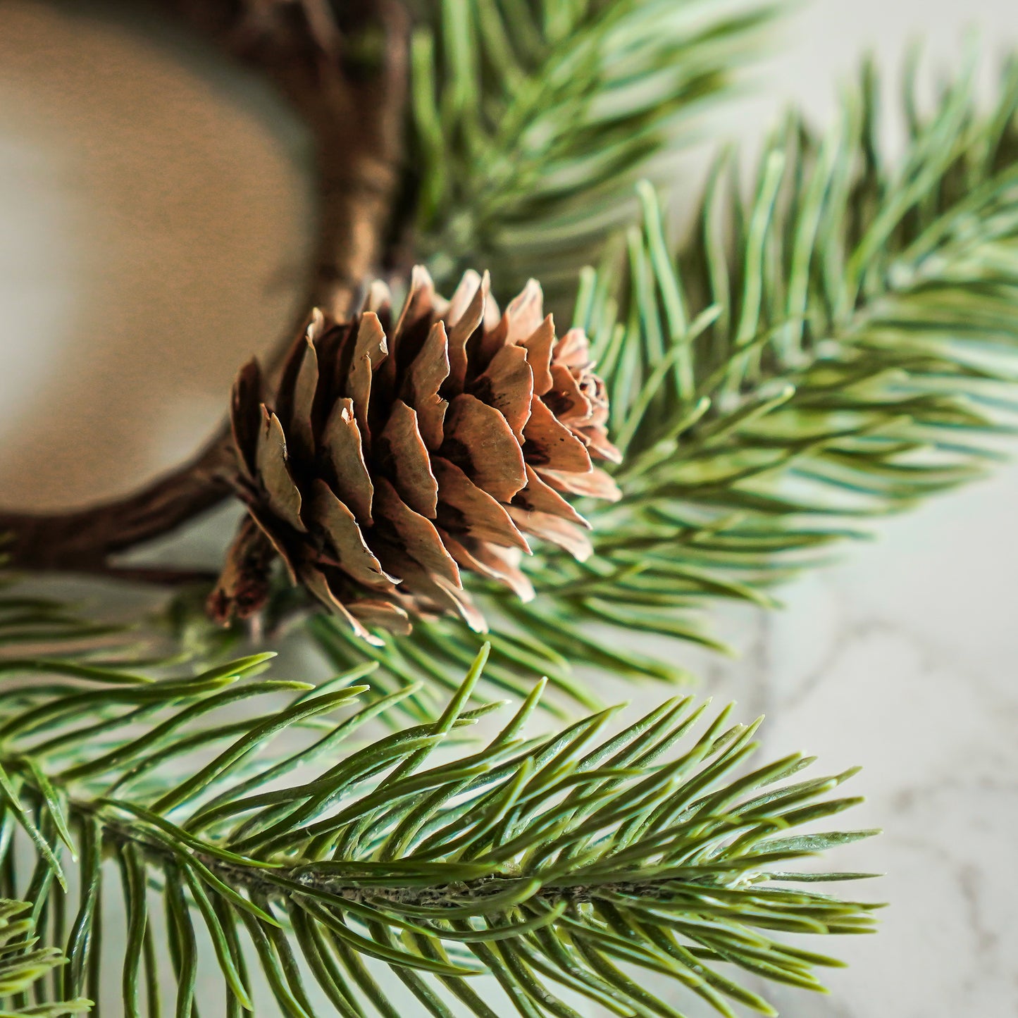 Muted Green Candle Ring with Mini Pinecones