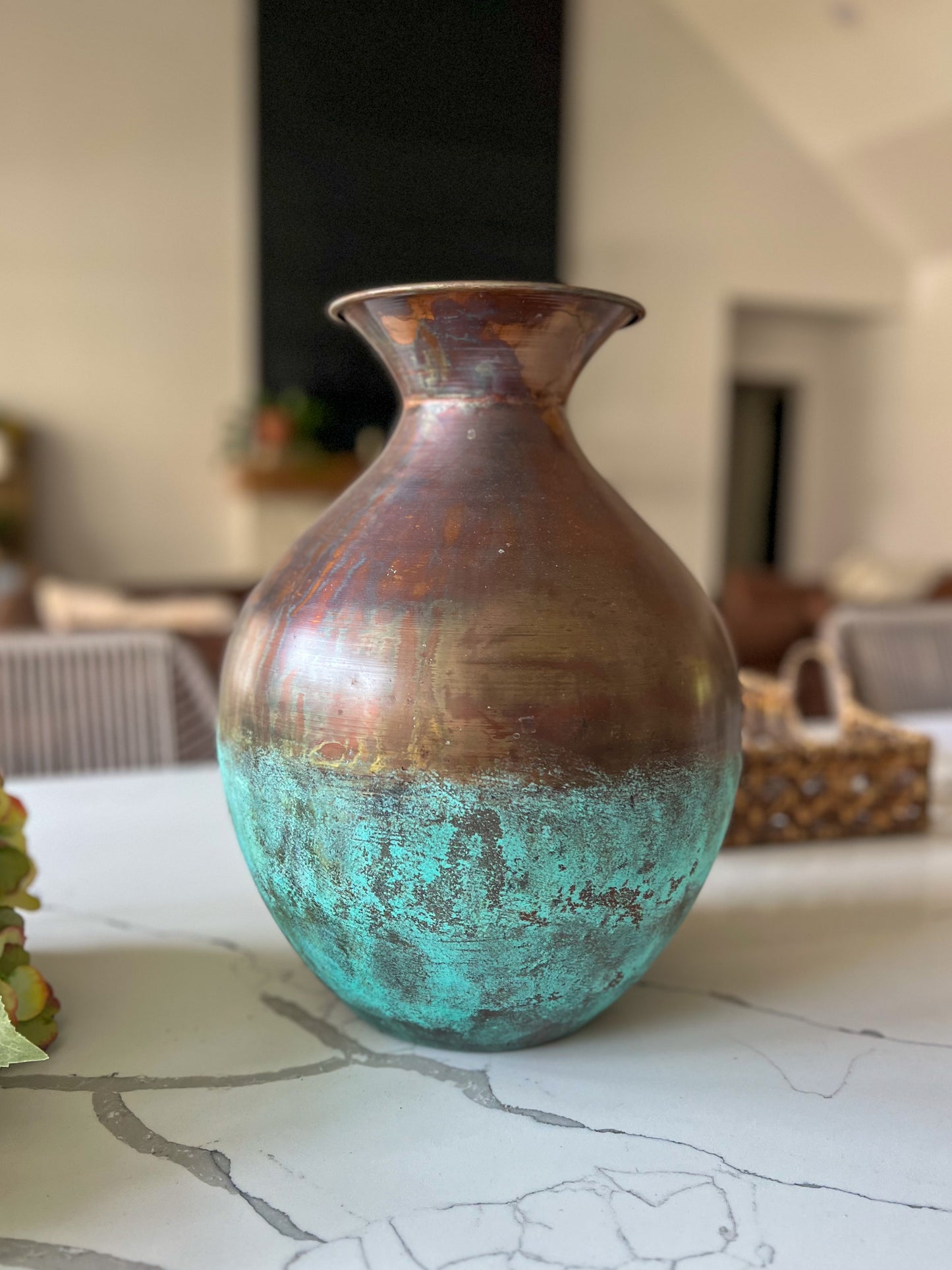 Distressed Copper Patina Vase | Round Metal Accent