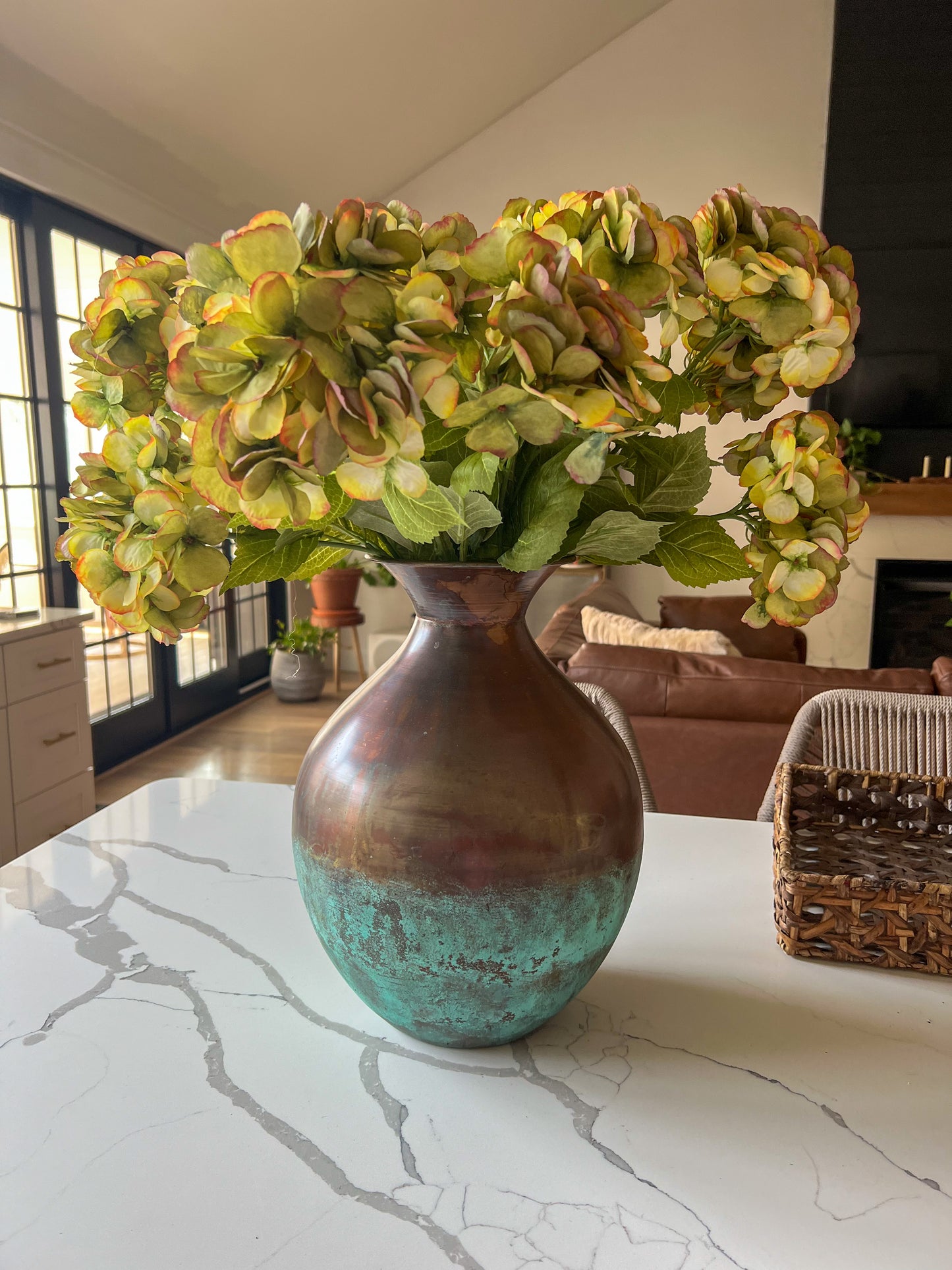 Distressed Copper Patina Vase | Round Metal Accent