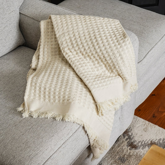 Ivory Waffle Fringe Throw