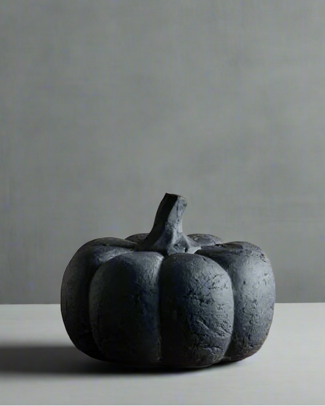 Decorative black pumpkin on a wooden surface with a neutral background