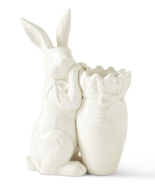 Antiqued White Bunny with Carrot Vase
