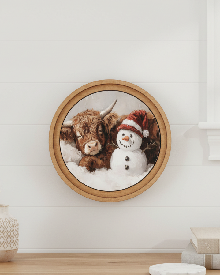 Framed artwork of a cow and snowman on a wall above a wooden surface.