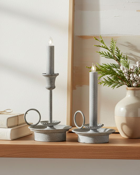 Decorative candle holders and a vase on a wooden surface with a neutral background