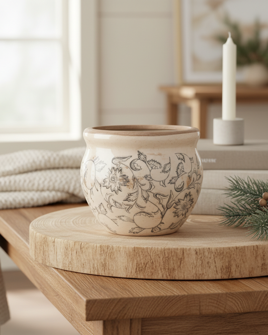 Decorative ceramic pot on a wooden surface with a soft, neutral background