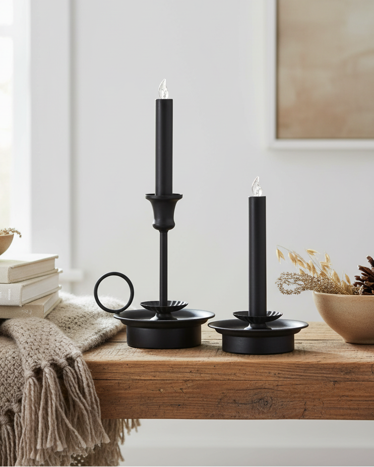 Black candle holders on a wooden surface with books and decorative items in a cozy room.