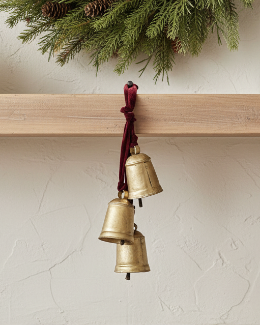 Decorative wreath on a mantel with gold bells hanging below.