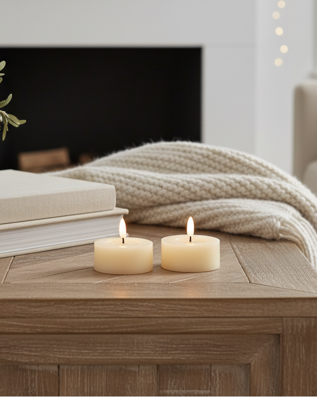 Cozy living room with candles, books, and a plant on a wooden table.