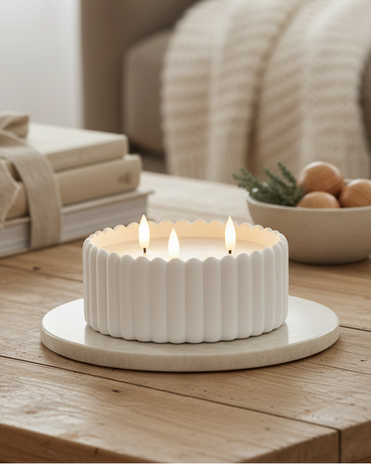White ceramic candle holder with three lit candles on a wooden table, with a cozy living room in the background.