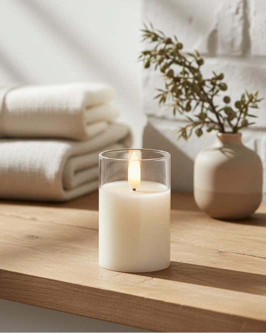 Candle on a wooden surface with a vase and plant in the background