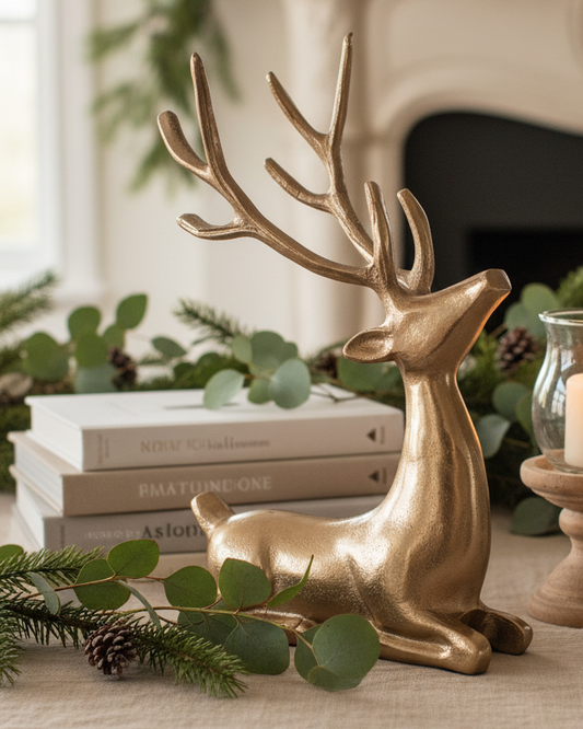 Gold deer ornament on a table with candles and greenery