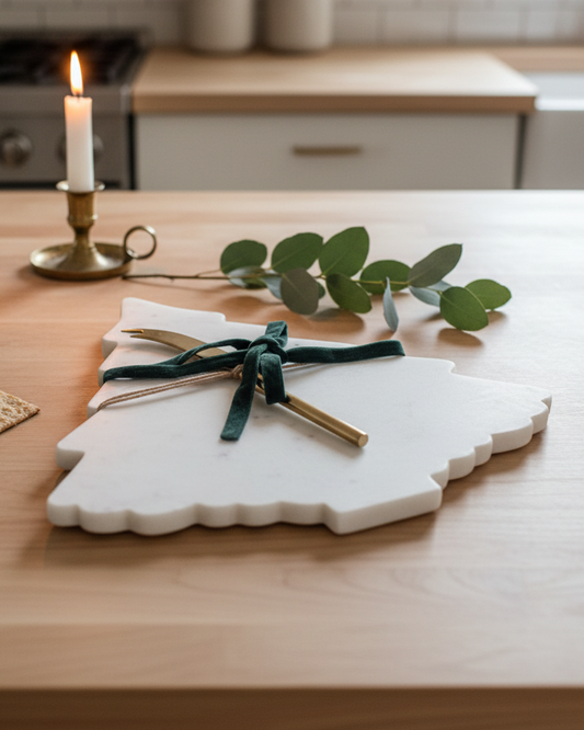 Decorative cutting board with greenery on a kitchen counter