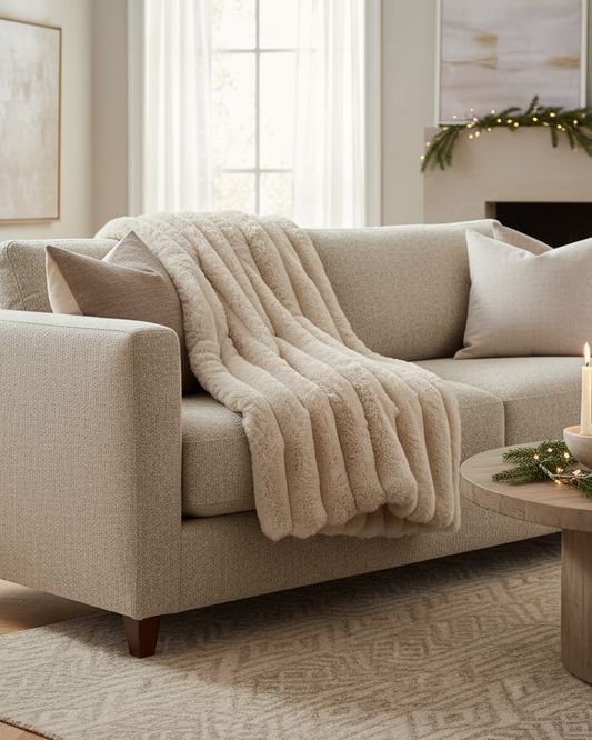Cozy living room with a beige sofa, throw blanket, and decorative candles.