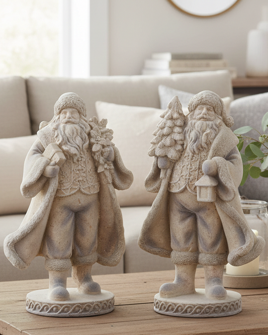 Two decorative Santa figures on a wooden coffee table in a living room setting.