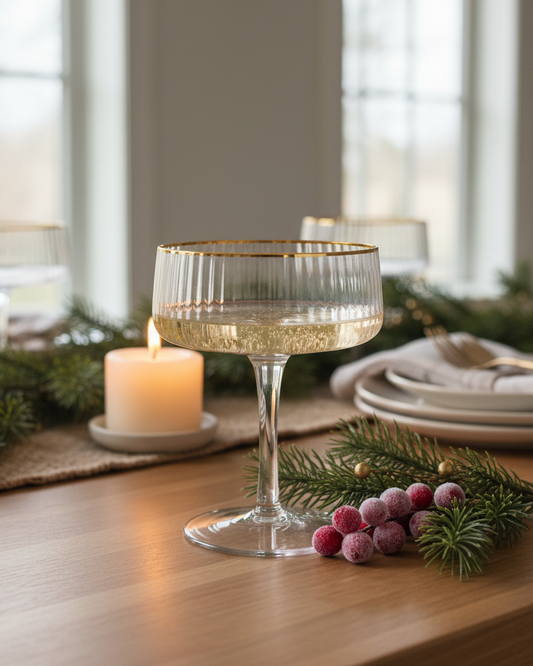 Decorative glass with gold rim on a table with candles and greenery