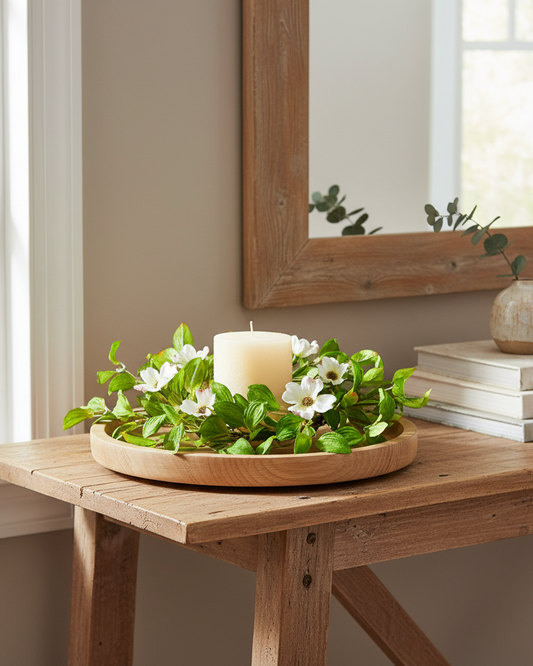 Decorative setup on a wooden table with a candle, flowers, and books.
