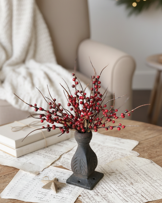 Decorative arrangement with red berries in a vase on a wooden table in a cozy living room.