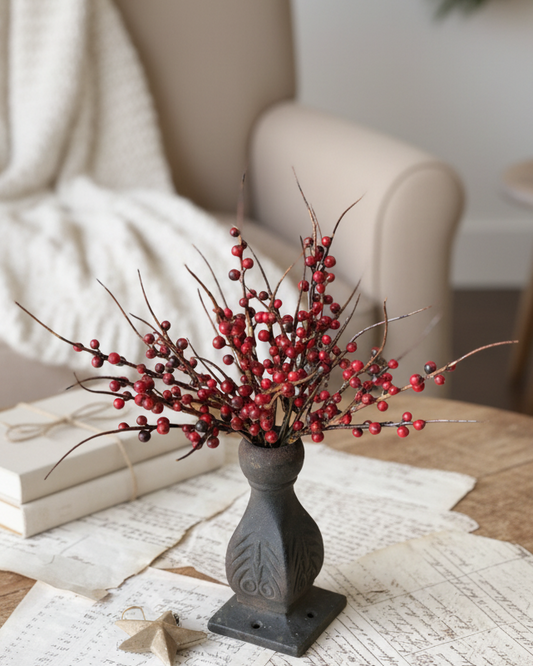Decorative arrangement with red berries in a vase on a wooden table in a cozy living room.