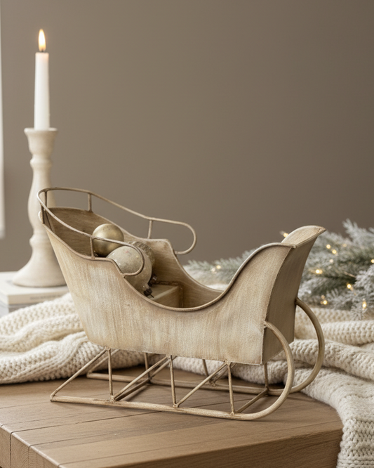 Wooden sleigh on a wooden table with a candle and Christmas tree in the background