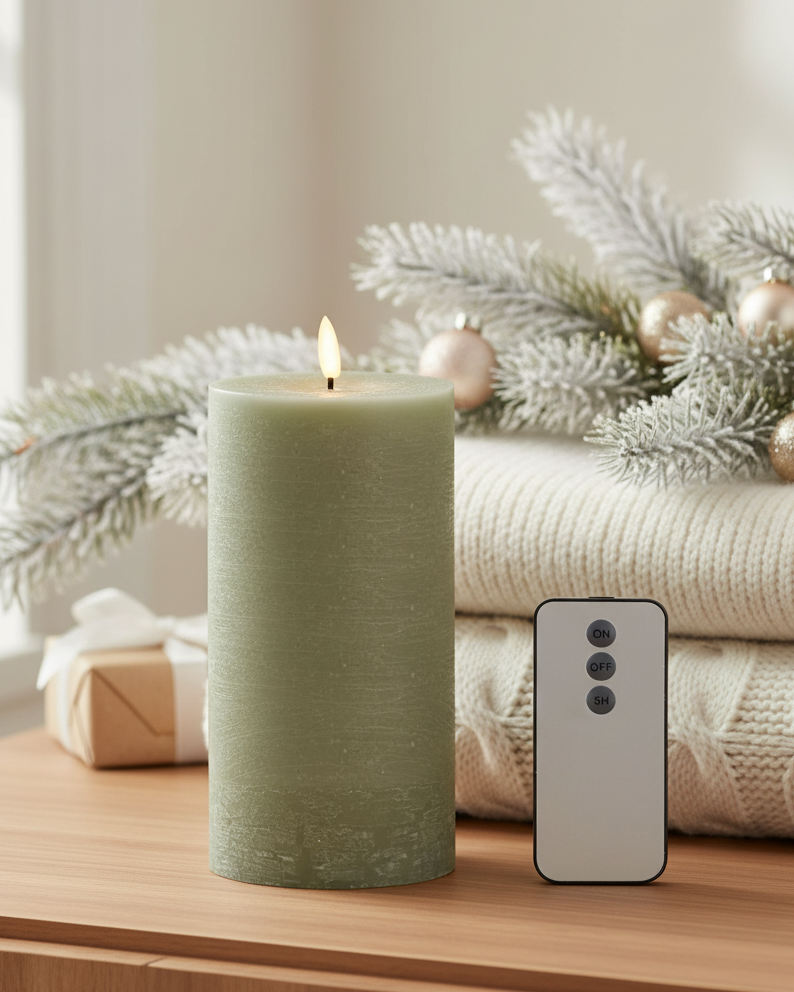 Green candle on a wooden surface with a phone and decorative branches in the background