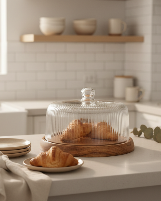 Glass cake stand with croissants on a kitchen counter