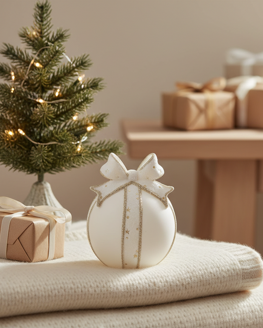Decorative white ornament with a bow on a surface, with a small Christmas tree and wrapped gifts in the background.