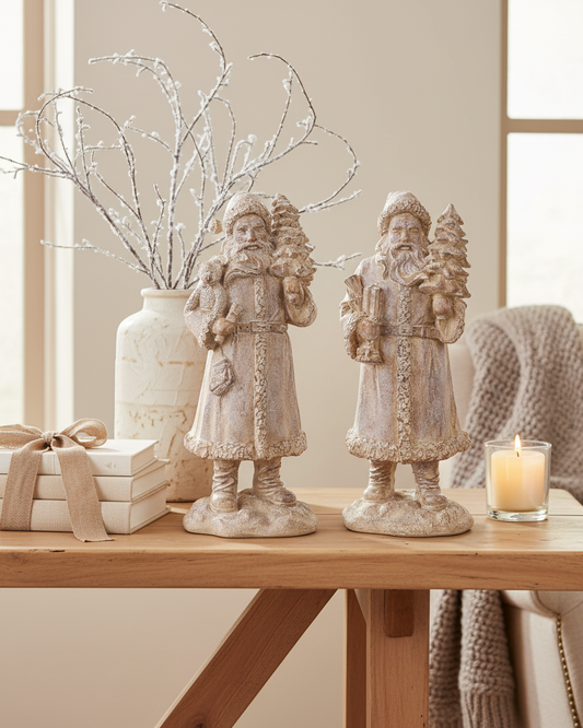 Decorative Santa figures on a table with a candle and branches in the background