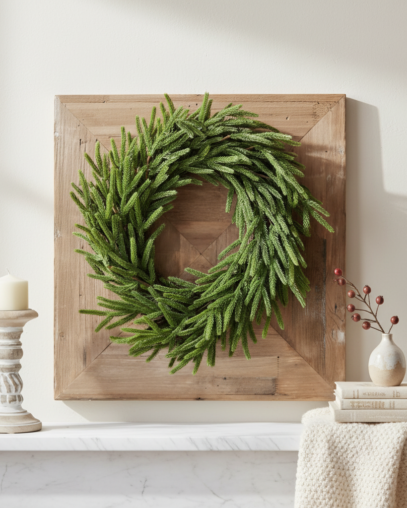 Green wreath on a wooden board against a white wall with decor items.
