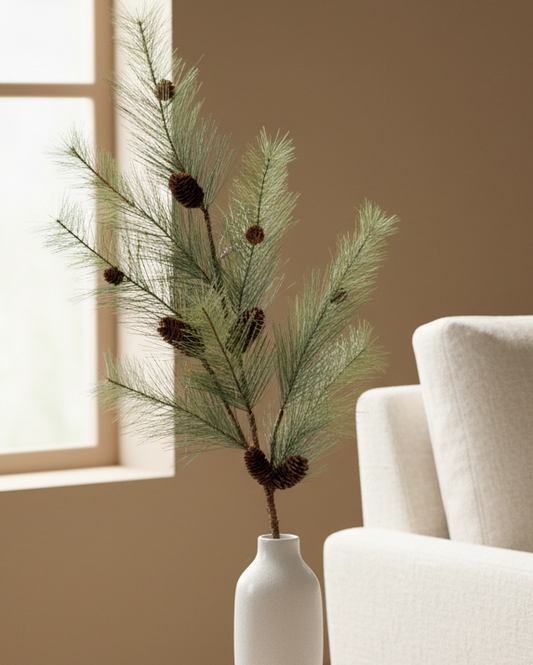 Beige armchair in a living room with a small wooden table and decorative items.
