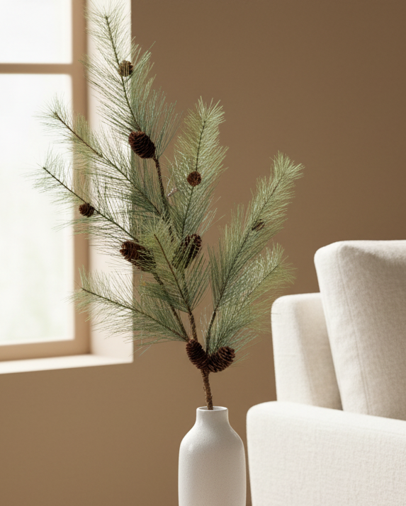 Beige armchair in a living room with a small wooden table and decorative items.