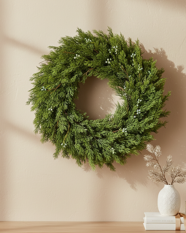 Green wreath on a beige wall with a wooden table and decorative items below.