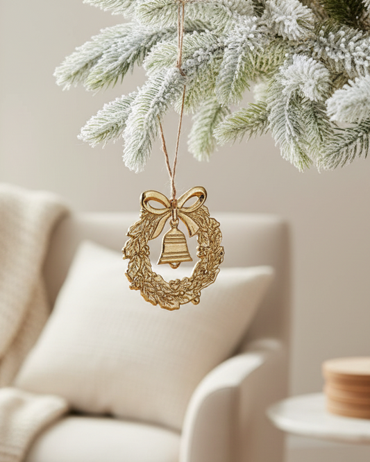 Gold wreath ornament hanging from a Christmas tree branch in a cozy living room.