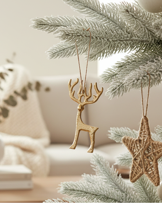 Decorated Christmas tree in a living room with a couch and coffee table.