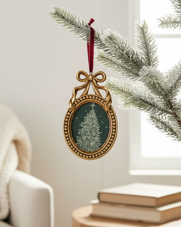 Decorative Christmas ornament on a tree branch with a cozy living room background.