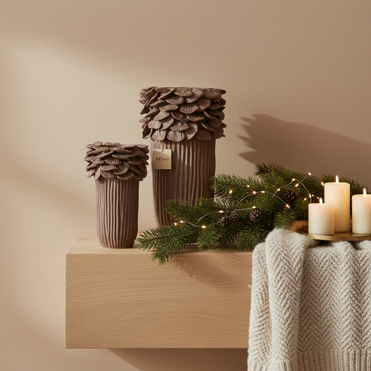 Decorative vases with pinecones, greenery, and candles on a wooden surface against a beige wall.