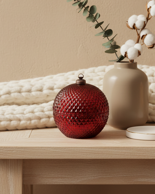 Decorative items on a wooden table with a beige wall background