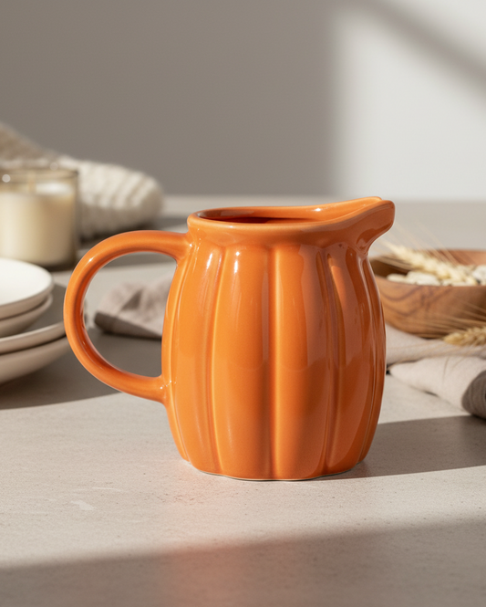Orange ceramic pitcher on a table with plates and a bowl in the background