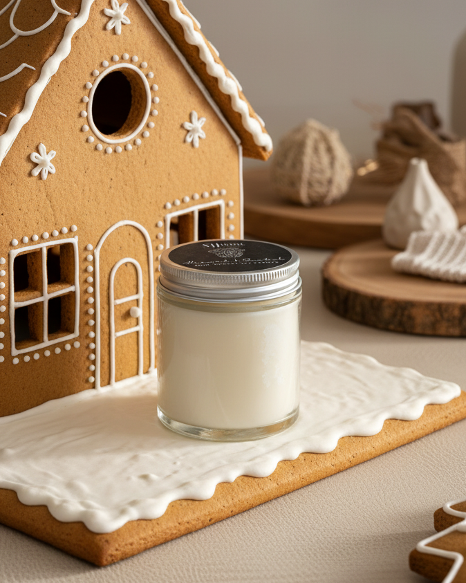 Gingerbread house with a candle on a neutral background
