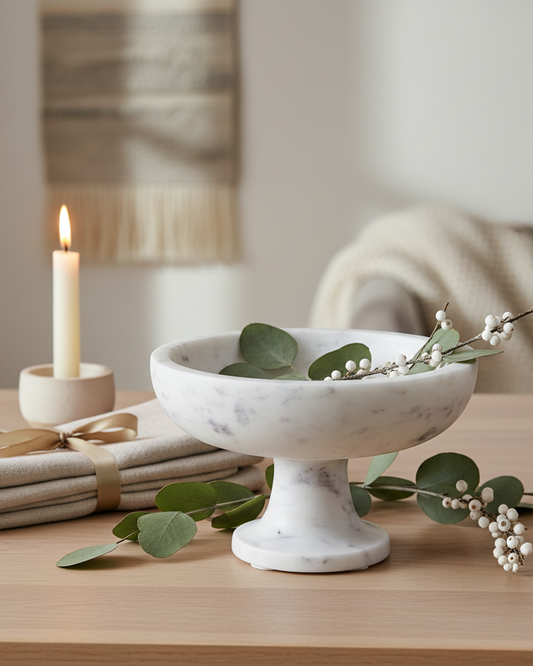White marble bowl with greenery on a wooden table with a candle and folded napkins.