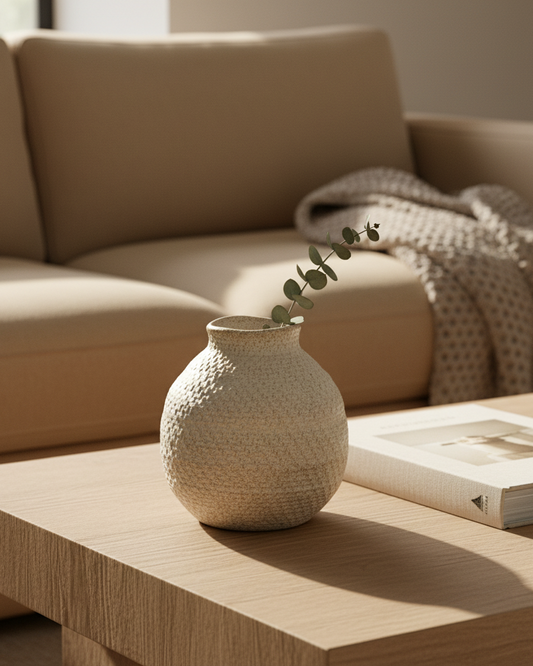 Beige textured vase on a wooden coffee table with a beige sofa in the background
