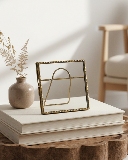 Decorative setting with books, a vase, and a small frame on a wooden tray in a softly blurred room.