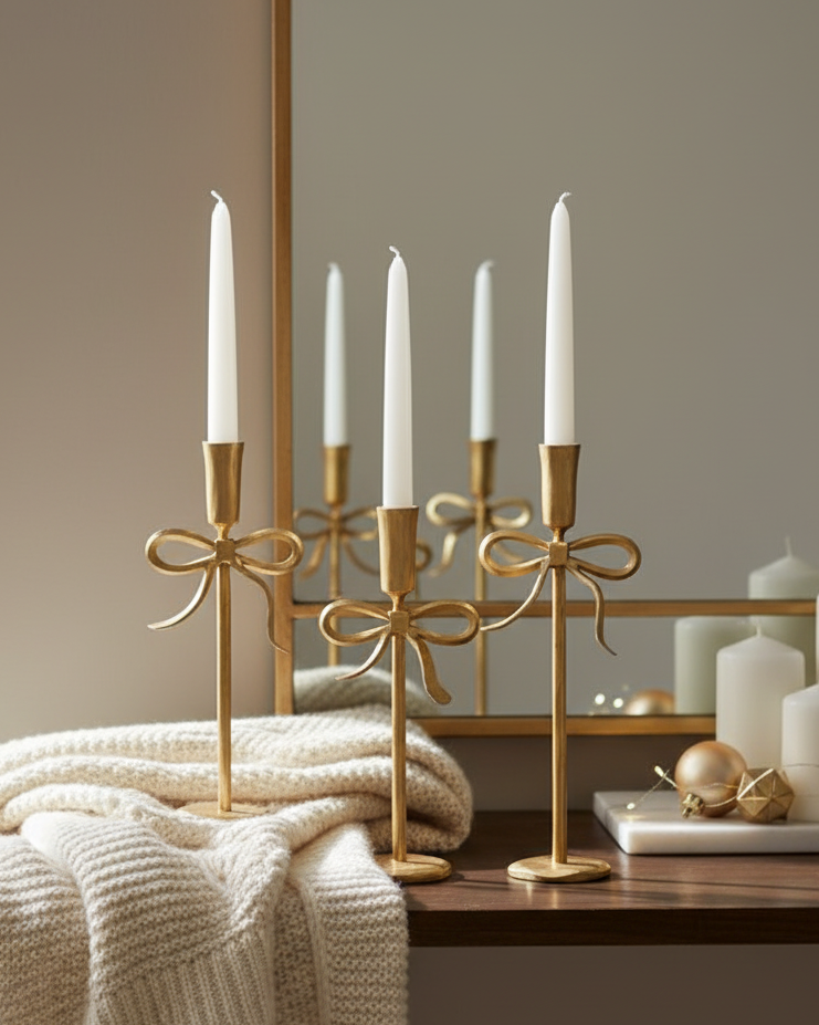 Gold candle holders with white candles on a wooden table with a beige blanket.
