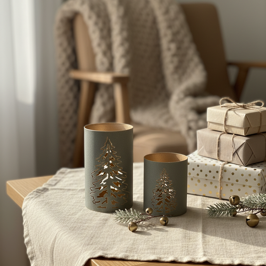 Decorative candles with Christmas tree designs on a table with wrapped gifts in the background.